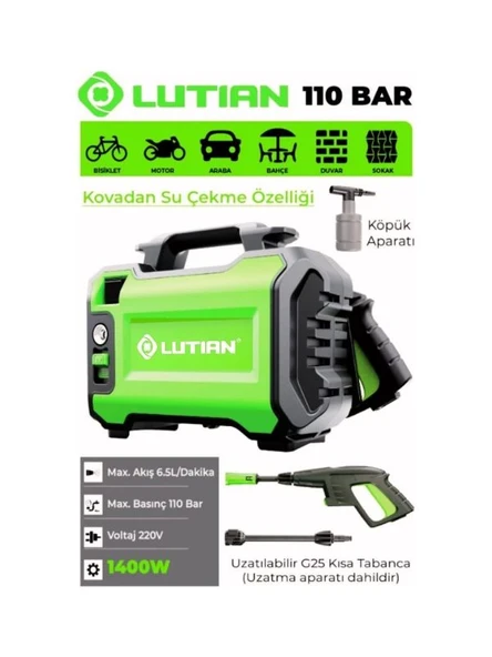 Lutian LT2161-1400 1400 Watt - 110 Bar - 6.5 Litre/Dakika - Portatif Yıkama Makinası - Kovadan Su Çekme Fon ürün görseli 1