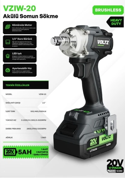 Voltz VZIW-20 Akülü Somun Sökme - Kömürsüz - Ağır Hizmet - 1/2" Kare Sürücü - Led Işık - Ayarlanabilir Hız ürün görseli 1