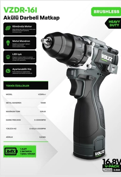 Voltz VZDR-16I Akülü Darbeli Maktap - 50NM - Kömürsüz - Ağır Hizmet - 10 mm Metal Mandren - Led Işık - Aya ürün görseli 1