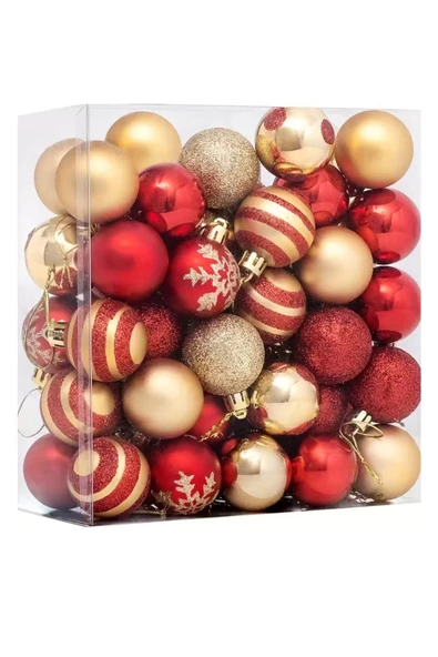 50 Adet 40mm Kırmızı Altın Beyaz Noel Ağacı Süs Topları Seti | 9 Farklı Desen & Hafif Dayanıklı Yılbaşı Dekoru ürün görseli 1