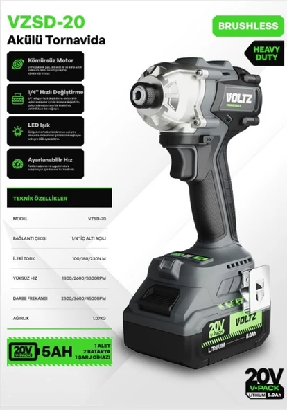 Voltz VZSD-20 Akülü Tornavida - Kömürsüz - Ağır Hizmet - 1/4" Hızlı Değiştirme - Led Işık - Ayarlanabilir ürün görseli 1
