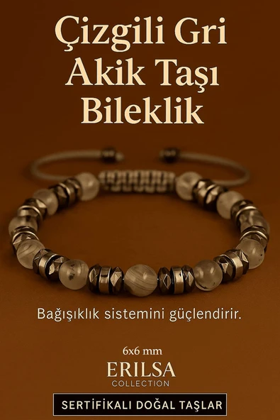 Sertifikalı Çizgili Gri Akik Taşı Bileklik 6x6 mm – Bağışıklık ve Dayanıklılık Taşı ürün görseli 1