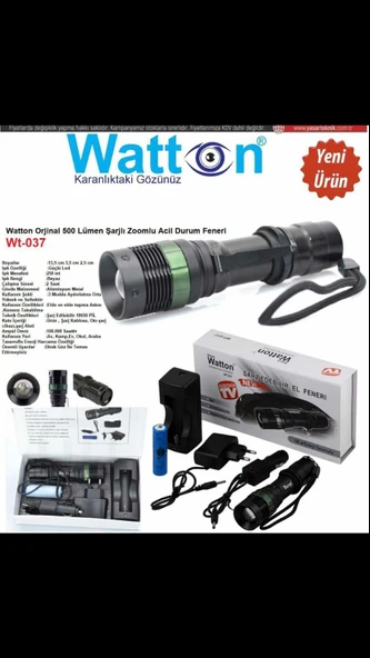 EL FENERİ WATTON Wt-037-ŞARJLI ZOOMLU SİYAH ACİL DURUM FENERİ ürün görseli 1