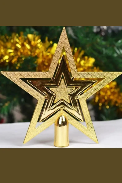 Vintage Altın Simli Yıldız Noel Ağacı Süsü | 20 cm Retro Parlak Ağaç Tepe Süsü / Dekoratif Yılbaşı Süsleme ürün görseli 1