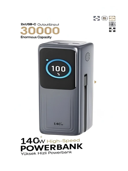 30000mAh 140W Hızlı Şarjlı TFT Ekranlı Kendinden Type-C Kablolu 2Type-C 1USB Girişli Powerbank ürün görseli 1