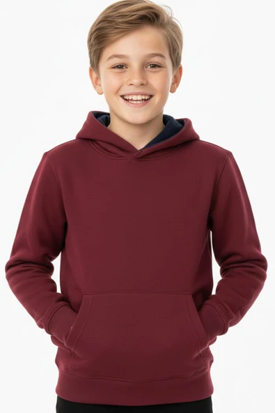 Erkek Çocuk Bordo Kapüşonlu Cepli 3 İplik  Sweatshirt BGL-ST05002 ürün görseli 1