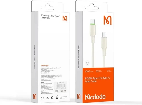 Mcdodo CA-4770 65W Typec Typec Led Işıklı Data Şarj Kablo 1.2M - Beyaz - Resim 4