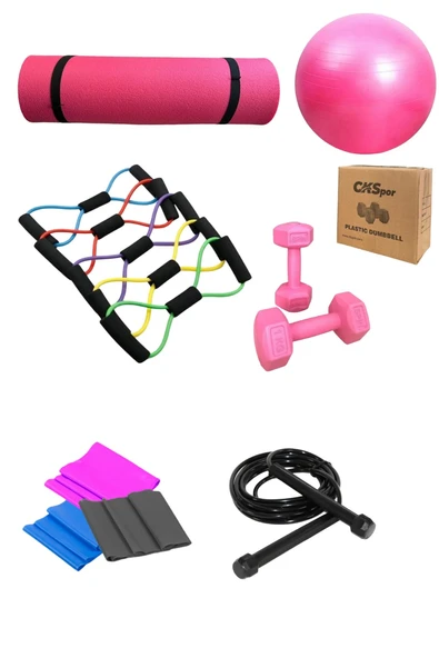 CKSpor Pilates 8’li Set: 10 mm Pembe Mat + 1 kg x2 Dambıl + Atlama İpi + 3 Bant + Lastik ürün görseli 1