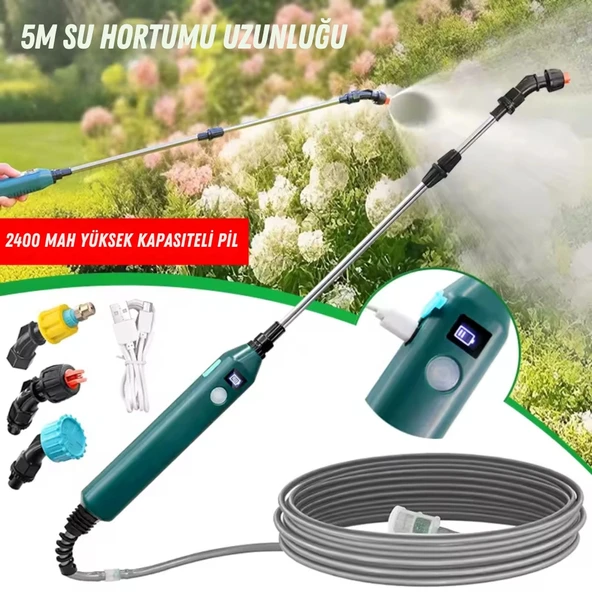 ShopyTech 2400 mAh Şarjlı Sulama Tabancası 3 Başlık Teleskopik Çubuk 5 m Emiş Hortumu Type,C ürün görseli 1