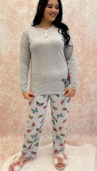 Uzun Kollu Kelebek Desenli Mavi Büyük Beden Kadın Pijama Takımı ürün görseli 1