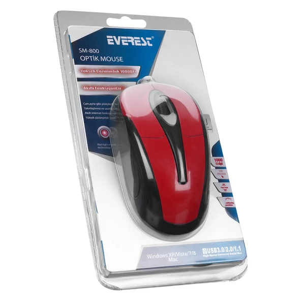 Everest SM-800 Kablolu USB Mouse Kırmızı - Resim 6