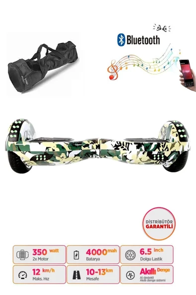 Citymate Hoverboard Elektrikli Kaykay Full Ledli  Bluetooth Hoparlörlü 6.5 Inch Çanta Hediyeli Yeşil Kamuflaj D07 ürün görseli 1