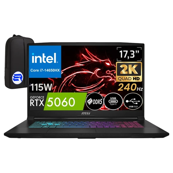 Msi Katana 17 Hx B14WFK-248XTREP5 I7-14650HX 32GB 512GB SSD RTX5060 115WATT 17.3'' 2k Qhd 240Hz WIN11 Pro + Elektropasaj Çanta ürün görseli 1