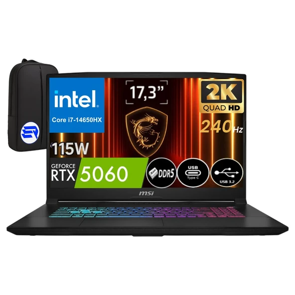 Msi Katana 17 Hx B14WFK-252XTREP2 Intel Core I7-14650HX 64GB 1tb SSD RTX5060 115W 17.3" WIN11 Pro 240Hz Qhd + Elektropasaj Çanta ürün görseli 1