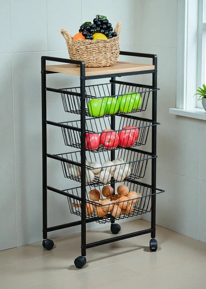 DEKORATİF TEKERLEKLİ METAL SEBZELİK 4 TEL SEPETLİ ÇAM AHŞAP RAFLI ÇOK AMAÇLI STAND ürün görseli 1
