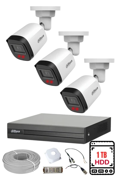 DAHUA 3 Kameralı Gece Görüşlü Su Geçirmez FULL HD Güvenlik Kamerası Seti 1TB ürün görseli 1