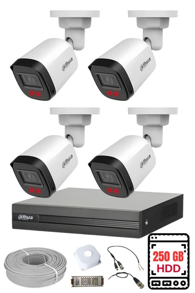DAHUA 4 Kameralı Gece Görüşlü Su Geçirmez FULL HD Güvenlik Kamerası Seti 250GB ürün görseli 1