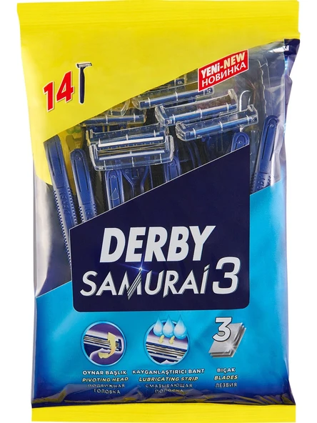Derby Samurai 3 Tıraş Bıçağı - Krom Seramik Platin Kaplama, Oynar Başlıklı, E Vitamini İçeren, Erkekler İçin 14'lü Paket ürün görseli 1