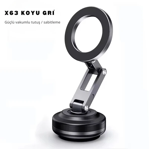 ShopyTech X63 Alüminyum Alaşımlı Manyetik Araç Telefon Tutucu 360° Çok Eksenli Vakum Tabanlı Type-C Şarjlı ürün görseli 1