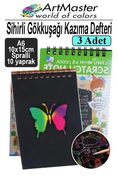 Gökkuşağı Kazıma Defteri Sihirli A6 10x15 cm 3 Paket 10 Sayfa Spiralli Scratch Note Spralli Siyah Sihirli Resim Defteri ürün görseli 1