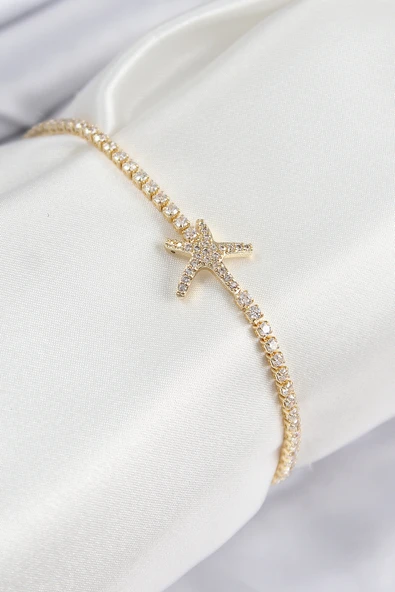 Pirinç Zirkon Taşlı Deniz Yıldızı Model Gold Renk Kadın Bileklik TJ-BB7695 ürün görseli 1