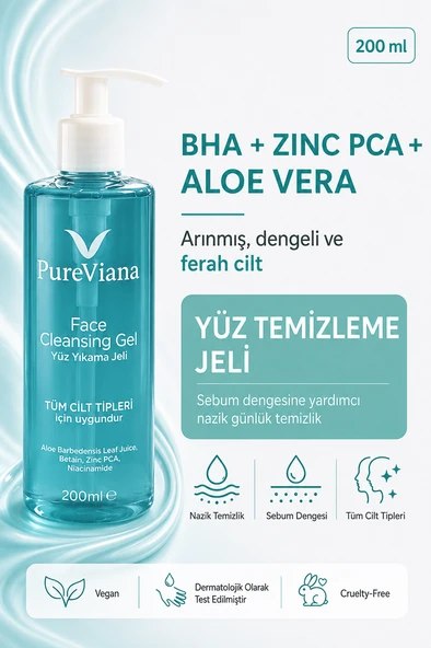 PureViana Yüz Temizleme Jeli 200ML - Aloe Vera + Niacinamide + Bha - Siyah Nokta & Akne Karşıtı, Gözenek Temizleyici ürün görseli 1
