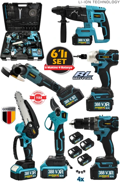 Stilmax German Şarjlı  6'lı Makine Seti Matkap-Kırıcı Hilti-Taşlama-Somun Sökme-Dal Budama Makas Set ürün görseli 1