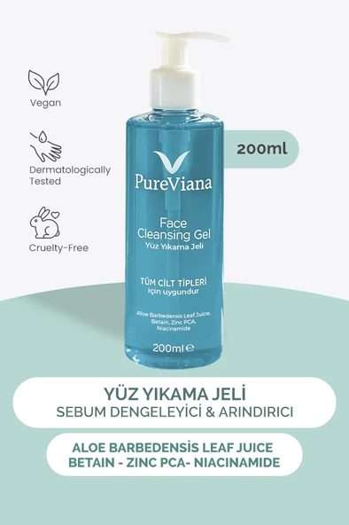 PureViana Yüz Temizleme Jeli 200ML - Aloe Vera + Niacinamide + Bha - Siyah Nokta & Akne Karşıtı, Gözenek Temizleyici ürün görseli 1