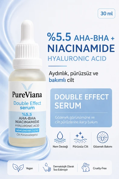 PureViana Double Effect Serum 30ML - AHA-BHA + Niacinamide + Hyaluronik Asit - Aydınlatıcı, Gözenek Sıkılaştırıcı, Ton Eşitleyici ürün görseli 1