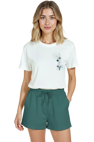 Kadın Beyaz Relaxed Fit %100 Pamuk Tişört – Soyut Geometrik Doodle Baskılı ürün görseli 1