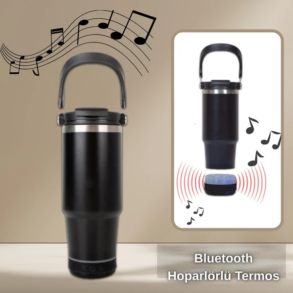 Bluetooth Hoparlörlü Paslanmaz Çelik Termos Bardak 600 ml -Pipetli ,Çift Kullanımlı Kapak ürün görseli 1