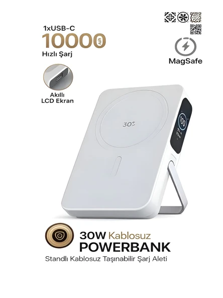 10000mAh 30W Hızlı Şarjlı Dijital Göstergeli Taşınabilir Kablosuz Magsafe Powerbank Beyaz ürün görseli 1