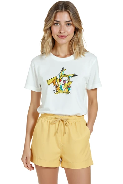 Kadın Beyaz Relaxed Fit %100 Pamuk Tişört – Pikachu Karakter Baskılı ürün görseli 1