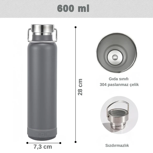 Bluetooth Hoparlörlü Paslanmaz Çelik Termos 600 ml-Çift Katmanlı - Resim 5