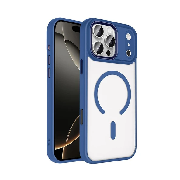 Zore Apple iPhone 17 Pro ile Uyumlu Kılıf Wireless Şarj Özellikli Krom M-safe Silikon Kapak Lacivert ürün görseli 1