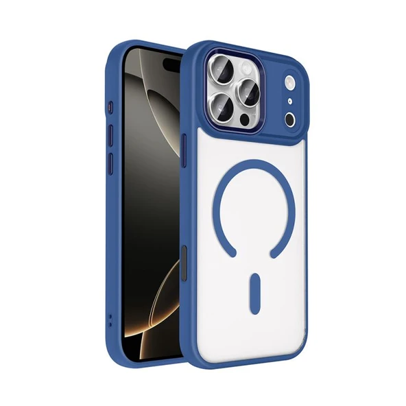 Zore Apple iPhone 17 Pro Max ile Uyumlu Kılıf Wireless Şarj Özellikli Krom M-safe Silikon Kapak Lacivert ürün görseli 1