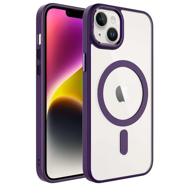 Zore Apple iPhone 14 ile Uyumlu Kılıf Wireless Şarj Özellikli Krom M-safe Silikon Kapak Derin Mor ürün görseli 1