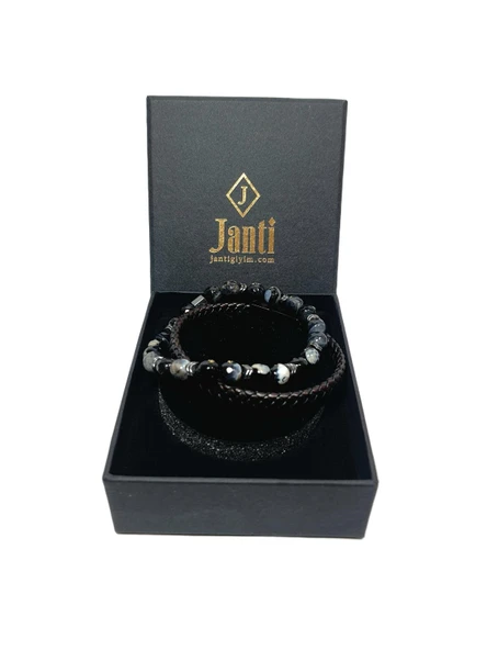 JTAW25BLK1617 HAKİKİ DERİ MIKNATIS KAPAMA FASET KESİM DAMARLI AKİK ve HEMATİT DOĞALTAŞ SİYAH GARANTİLİ HEDİYE KUTULU JANTİ BİLEKLİK ürün görseli 1
