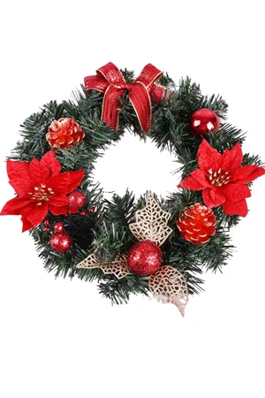 30 cm Kırmızı Altın Noel Kapı Çelengi | Çam Kozalı ve Poinsettia Çiçekli Şömine & Duvar Dekoru ürün görseli 1