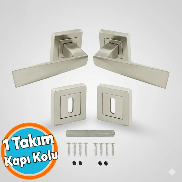Kare Rozetli Nikel İnox Oda Kapı Kolu (1 TAKIM: 2 Adet Kol + 2 Adet Rozet + Bağlantı Demiri) ürün görseli 1