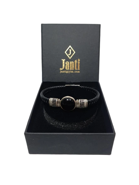JTAW25BLK1611 HAKİKİ DERİ ZİRKON TAŞLI ALAŞIMLI METAL ONYX DOĞALTAŞLI MIKNATIS KAPAMA SİYAH GARANTİLİ HEDİYE KUTULU JANTİ BİLEKLİK ürün görseli 1