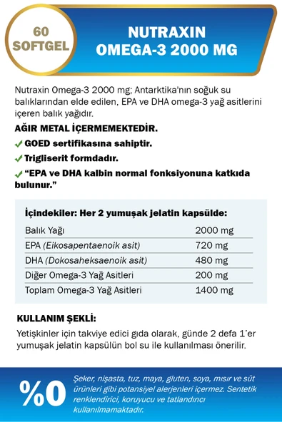 NUTRAXIN OMEGA3 2000 MG 60 SOFT JEL - Resim 2