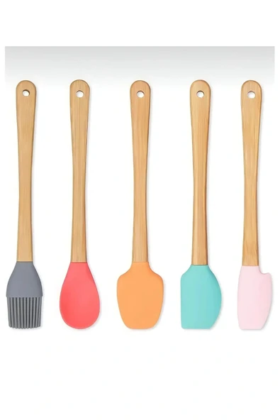 5'li Renkli Ahşap Saplı Silikon Uçlu Spatula Fırçalı Kaşık Seti -yemek Hazırlık Seti 21 Cm ürün görseli 1