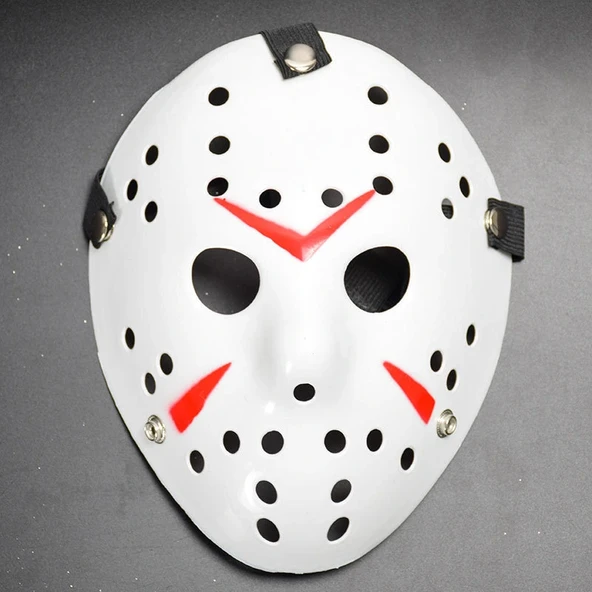 Beyaz Renk Kırmızı Çizgili Tam Yüz Hokey Jason Maskesi Hannibal Maskesi ürün görseli 1