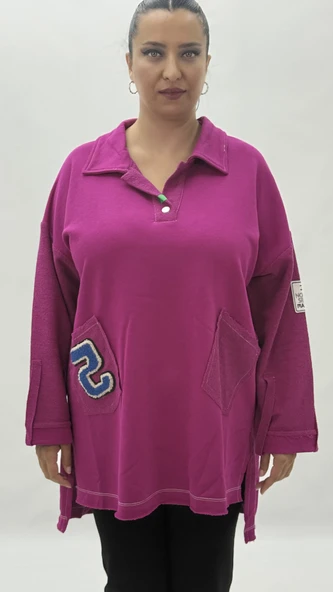 Büyük Beden Yakalı Cepli Sloganlı Uzun Kol Oversize Viskon Kadın Tunik Sweatshirt ürün görseli 1