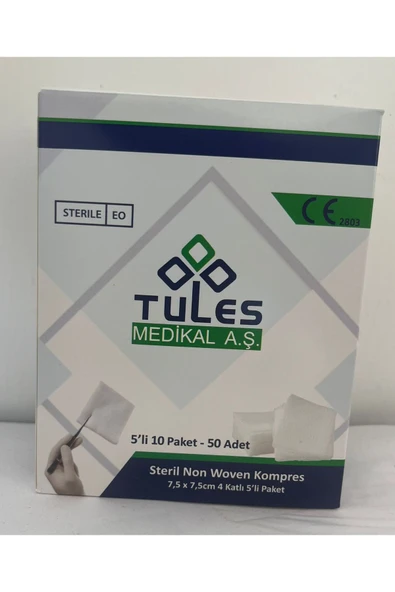 Tules Steril Non Woven Kompres Spanç 7,5 X 7,5cm 4 Katlı 5 'li 50 Paket-(50 adet) Steril ürün görseli 1