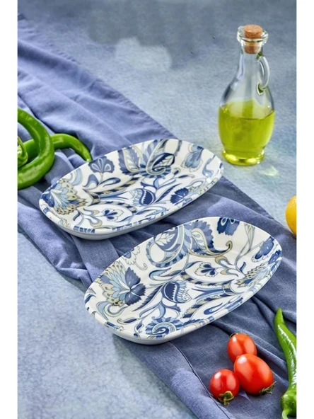 Cooker CKR4242 Mavi Desenli Beyaz Porselen Kayık Tabak 24.5 cm 2'li ürün görseli 1