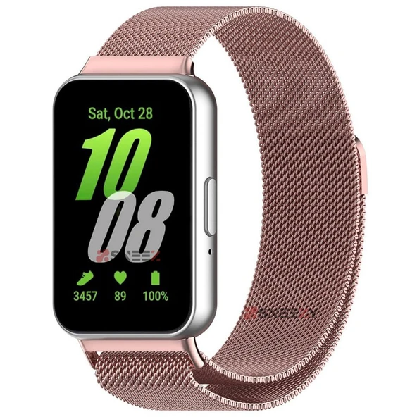 Sneezy Samsung Galaxy Fit 3 İle Uyumlu Woven Wire Tasarım Metal Hasır Kordon  Rose ürün görseli 1