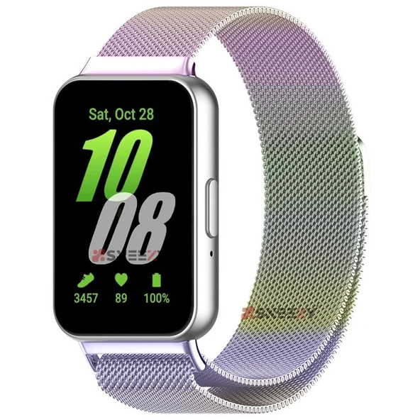 Sneezy Samsung Galaxy Fit 3 İle Uyumlu Woven Wire Tasarım Metal Hasır Kordon  Gökkuşağı ürün görseli 1
