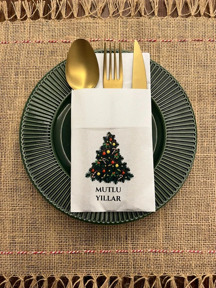Yılbaşı Ağacı Mutlu Yıllar Baskılı Yılbaşı Kanguru Cepli Peçete Beyaz12 Adet ürün görseli 1